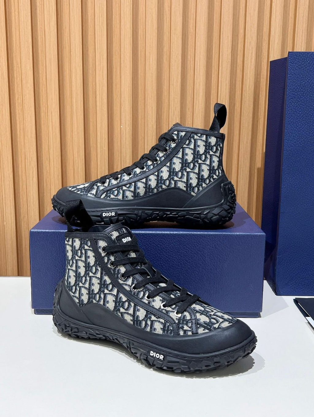 Dior B28 High-Top Sneaker in beige and black Dior Oblique jacquard