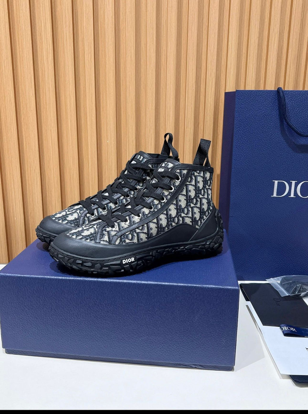 Dior B28 High-Top Sneaker in beige and black Dior Oblique jacquard