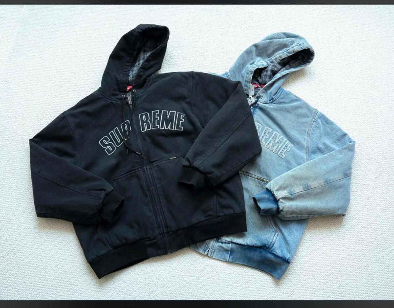 Supreme Reflective Arc Hooded Work Jacket in black cotton canvas with a quilted cotton flannel lining!