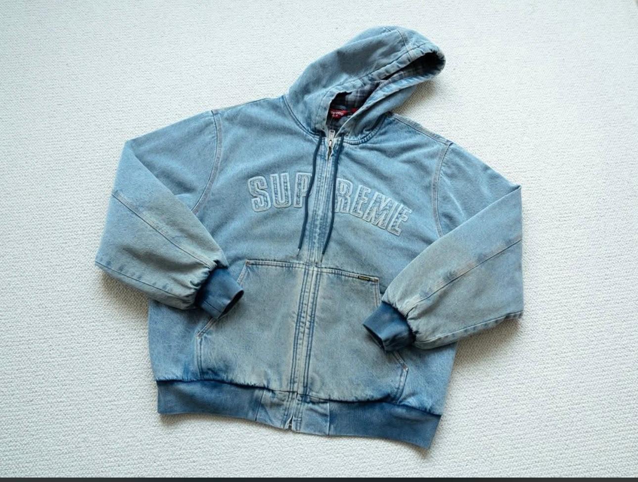 Supreme Reflective Arc Hooded Work Jacket in black cotton canvas with a quilted cotton flannel lining!