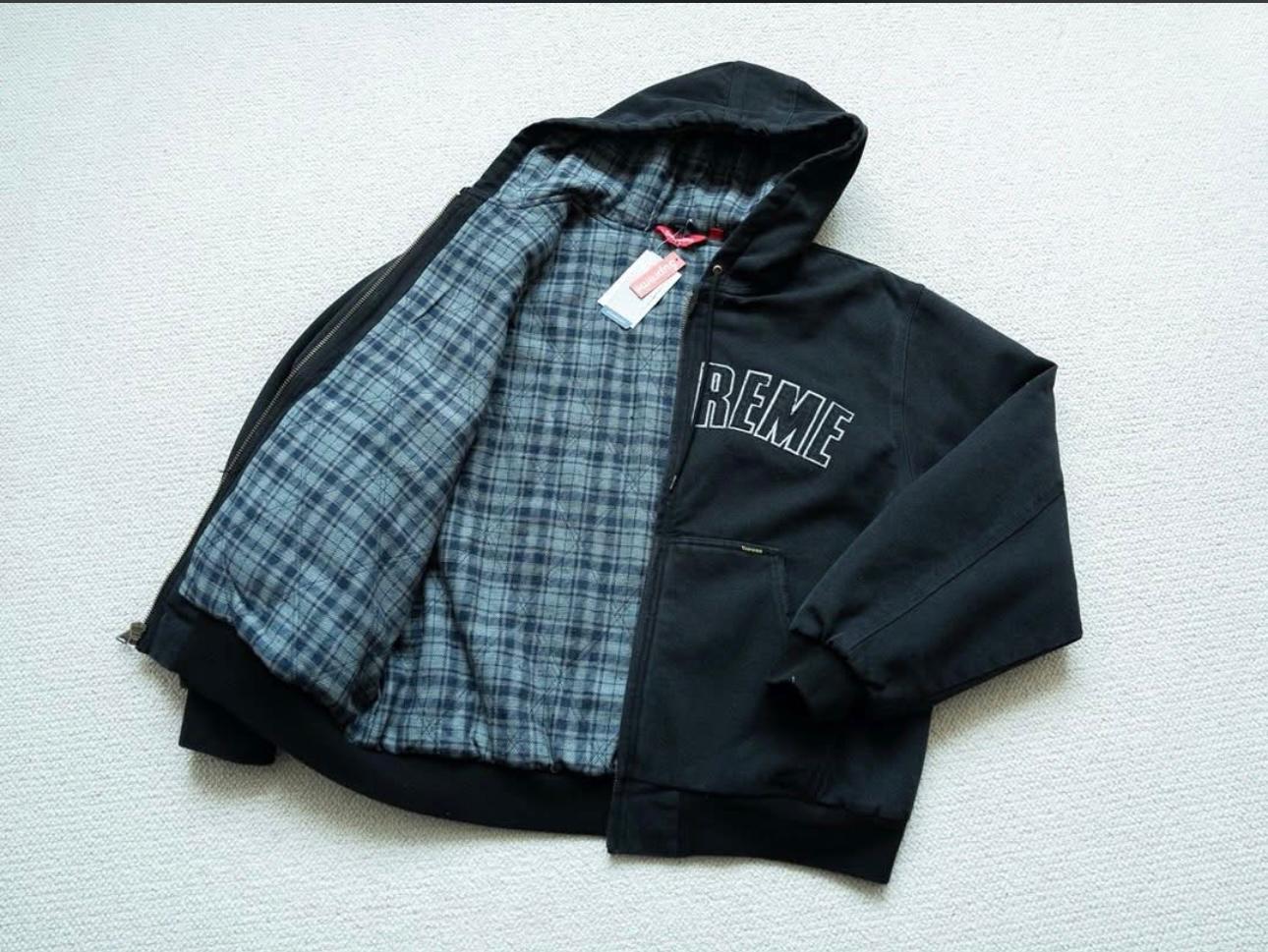 Supreme Reflective Arc Hooded Work Jacket in black cotton canvas with a quilted cotton flannel lining!