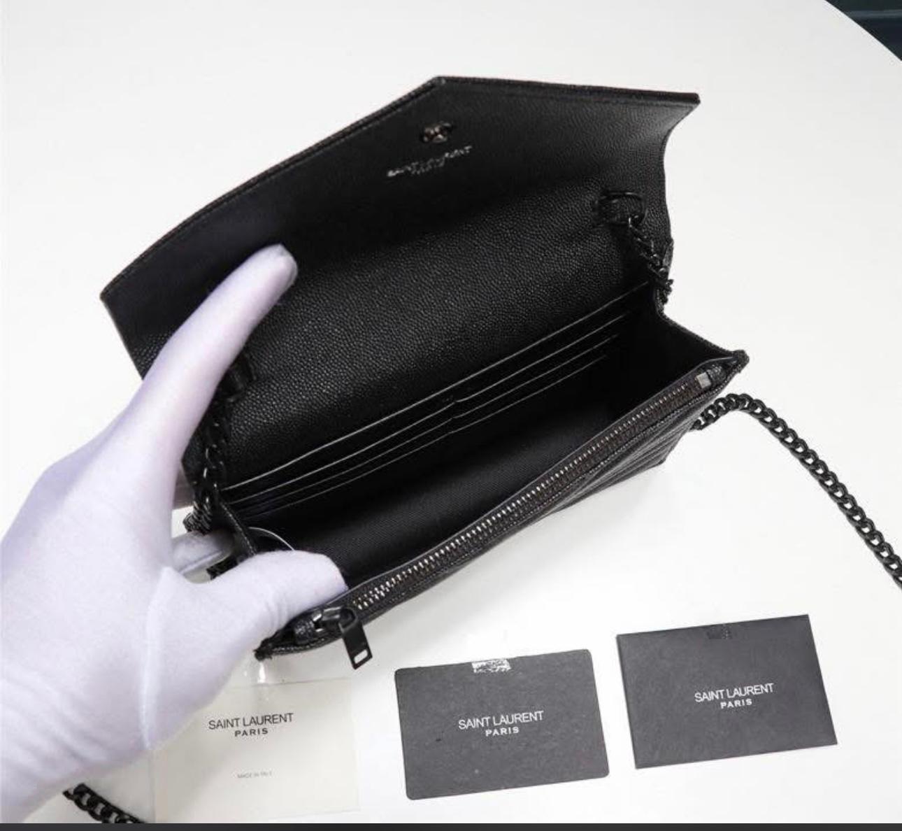 Saint Laurent Cassandre Envelope Chain Wallet in black grain de poudre leather