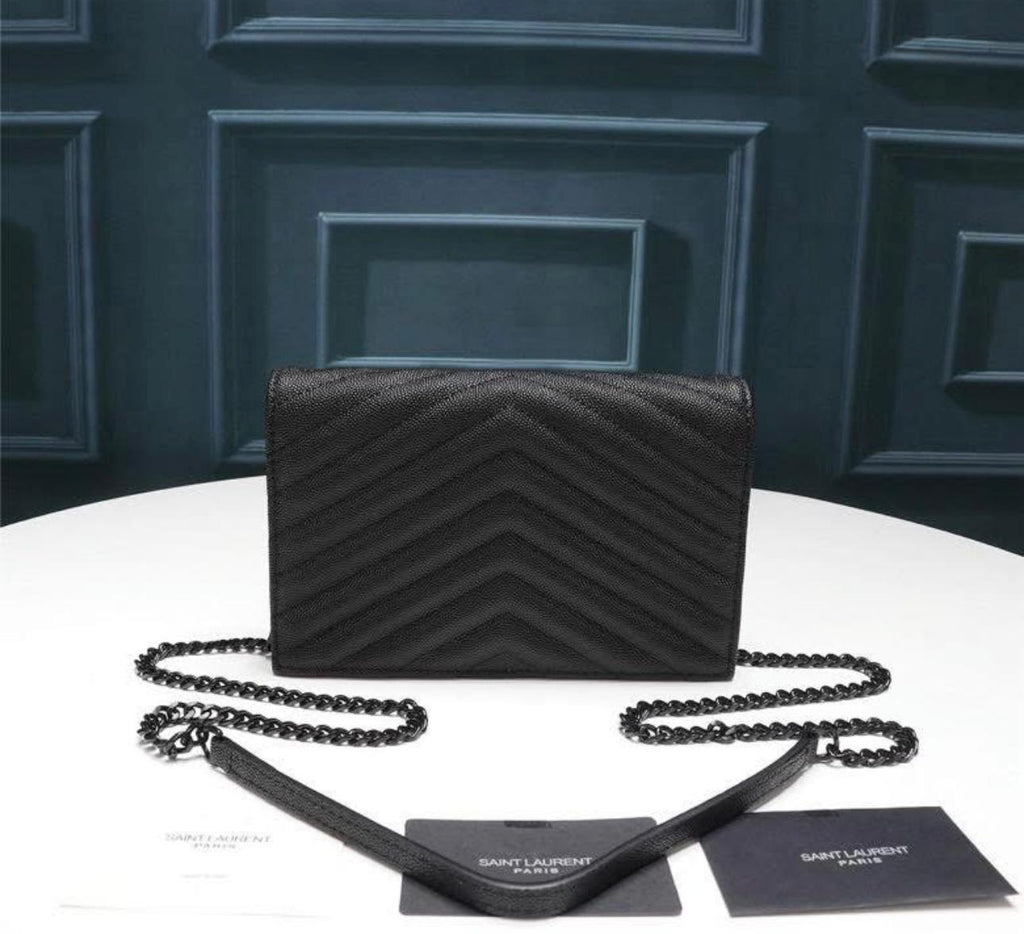 Saint Laurent Cassandre Envelope Chain Wallet in black grain de poudre leather