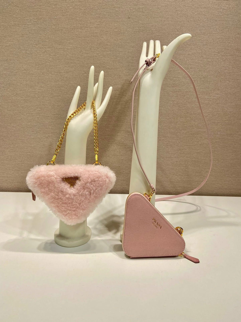 Prada Orchidea Shearling/Saffiano Leather Triangle Mini Pouch